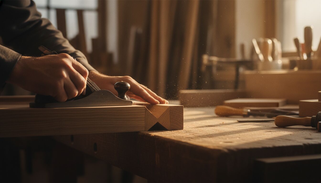 Hand-planing a dovetail joint in warm workshop light